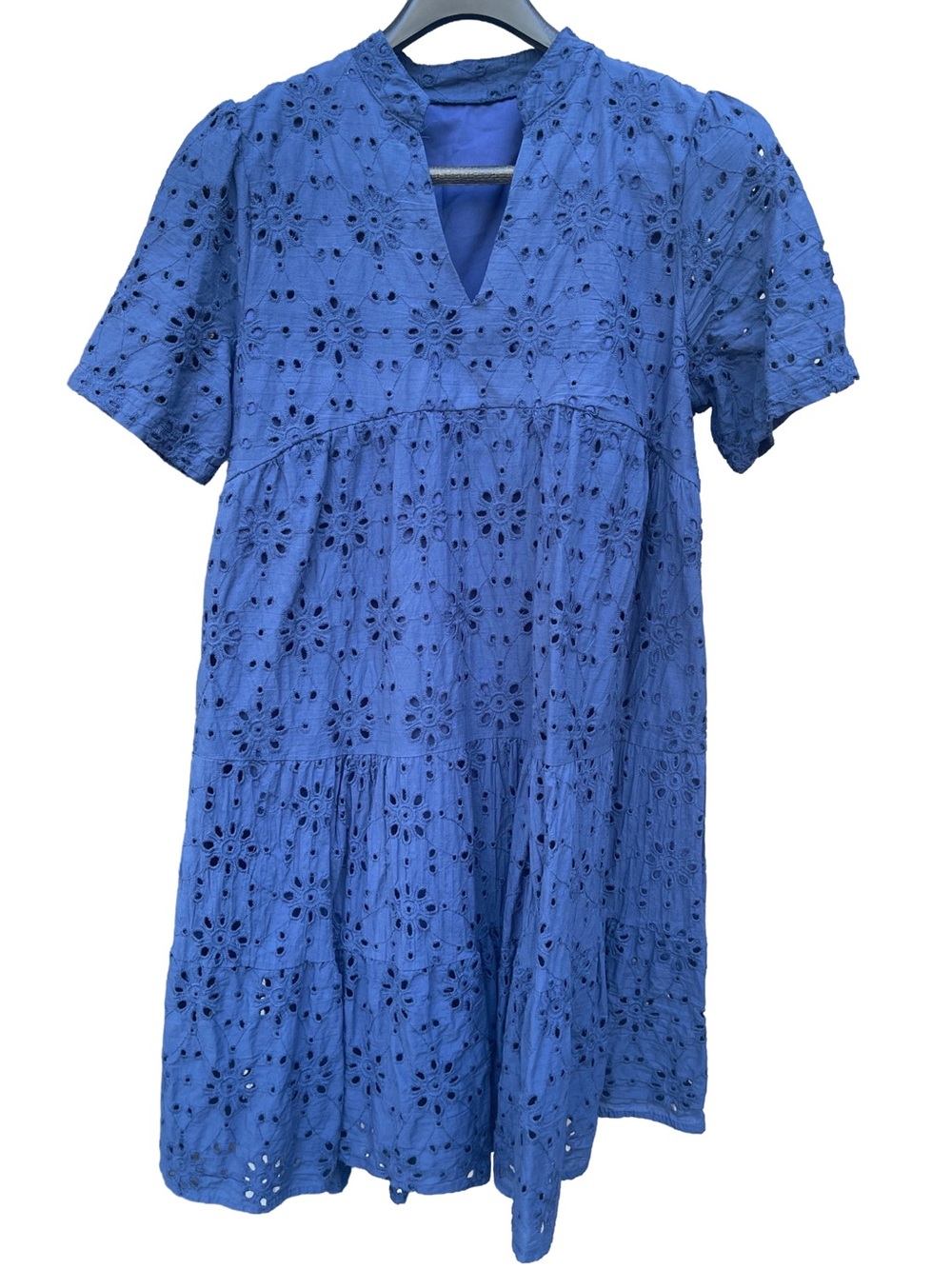 Navy Blue Eyelet Short Sleeve Tiered Mini Dress Dress, Size Medium